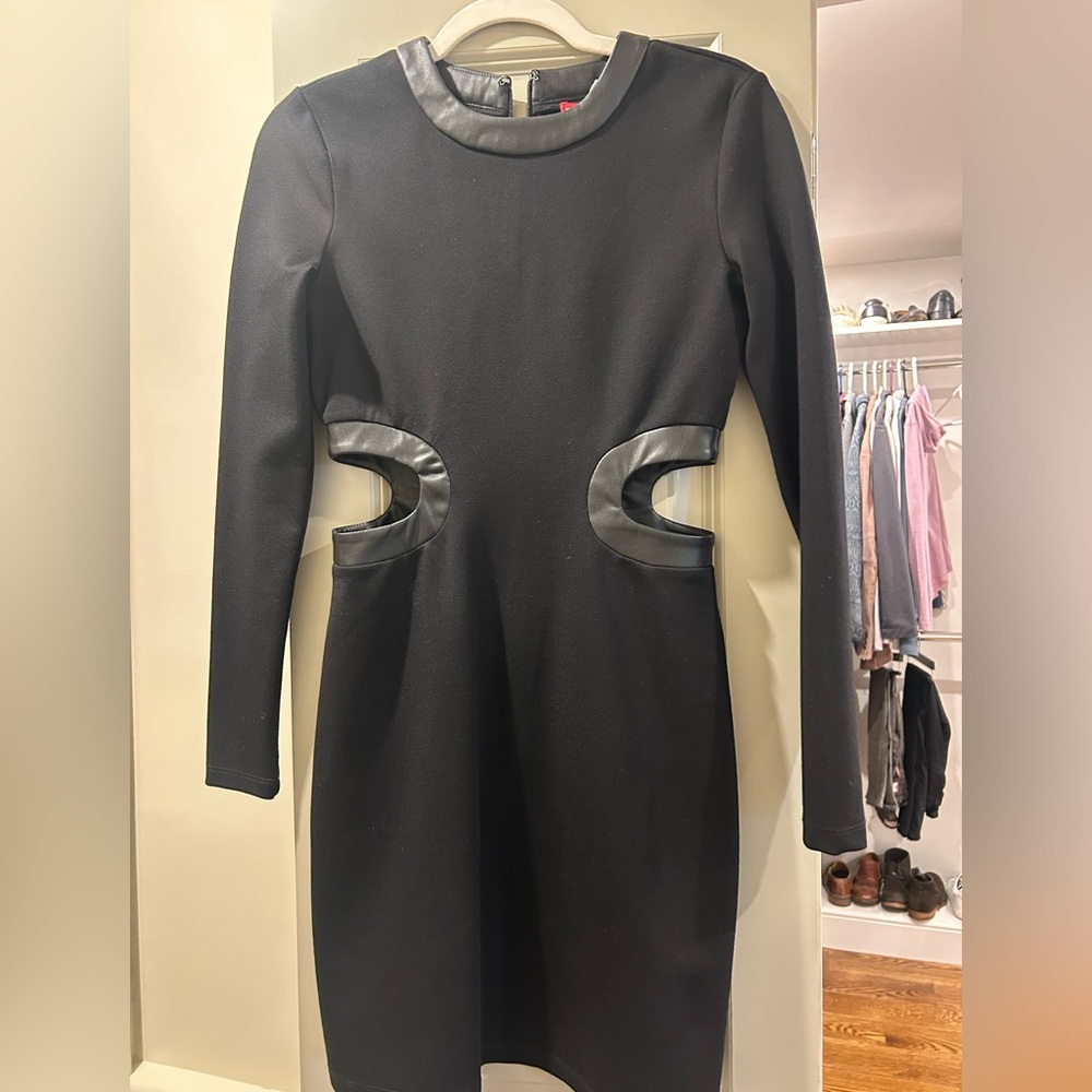 STAUD Black Long Sleeve Dress with Leather Details